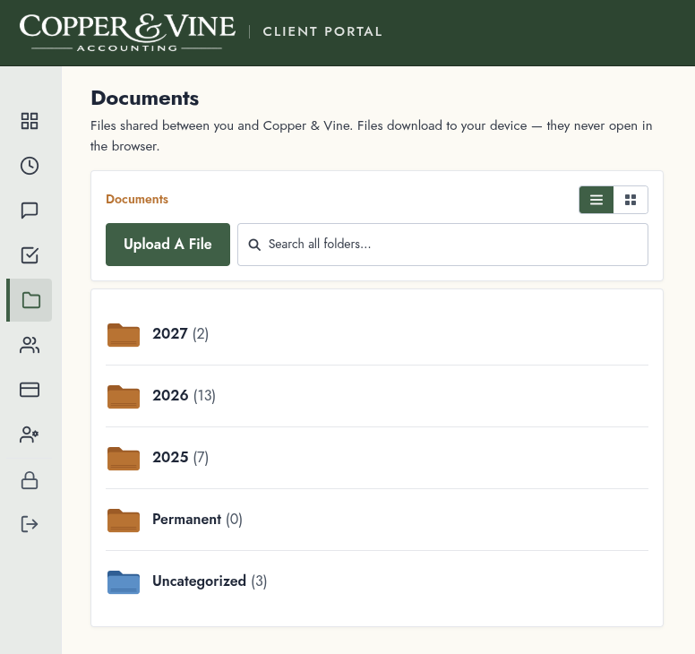 The Copper & Vine client portal, showing a client's document library organized by year and category